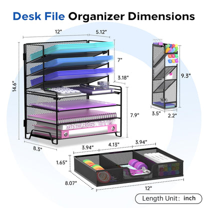 ReePlan 4 Tier Desk Organizer + 3 Tier File Holder + 4 Pen Holders + Drawer, 7 Tier Desk File Organizers, Desk Organizers and Accessories for Office Home School, Black