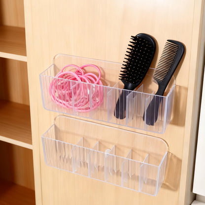 Wall Mount Storage Organizer, Clear Storage Box Holder Basket with 6 Compartments No Drilling Hang Walls/Doors for Kitchen, Cabinet, Bathroom, Bedroom, Office (19x8x3.8cm)