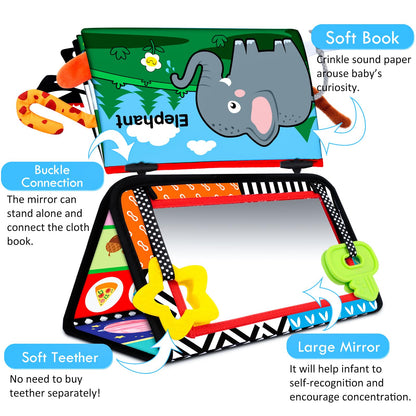Aboosam Tummy Time Baby Mirror Toys 0-6 6-12 Months - Montessori Infant Toys Brain Development with Crinkle Cloth Book and Teether - High Contrast Newborn Sensory Toys for Babies Boys Girls Gifts