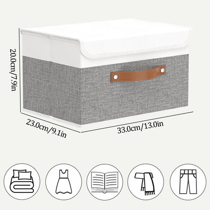 OUTBROS Large Foldable Storage Bins, Linen Fabric Box with Lid, Organiser for Shelves, Cubes For Towels, Clothes, 13 x 9.1 x 7.9 inch (White/Grey, 1-Pack)