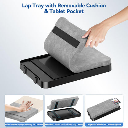 Lap Tray with Cushion Plastic Lap Desk with Cushion 15.5”Large Breakfast in Bed Tray with Removable Cushion & Cup/Phone Holder, Lap Table with Laptop Pocket for Couch TV Adults Eating Gaming Black