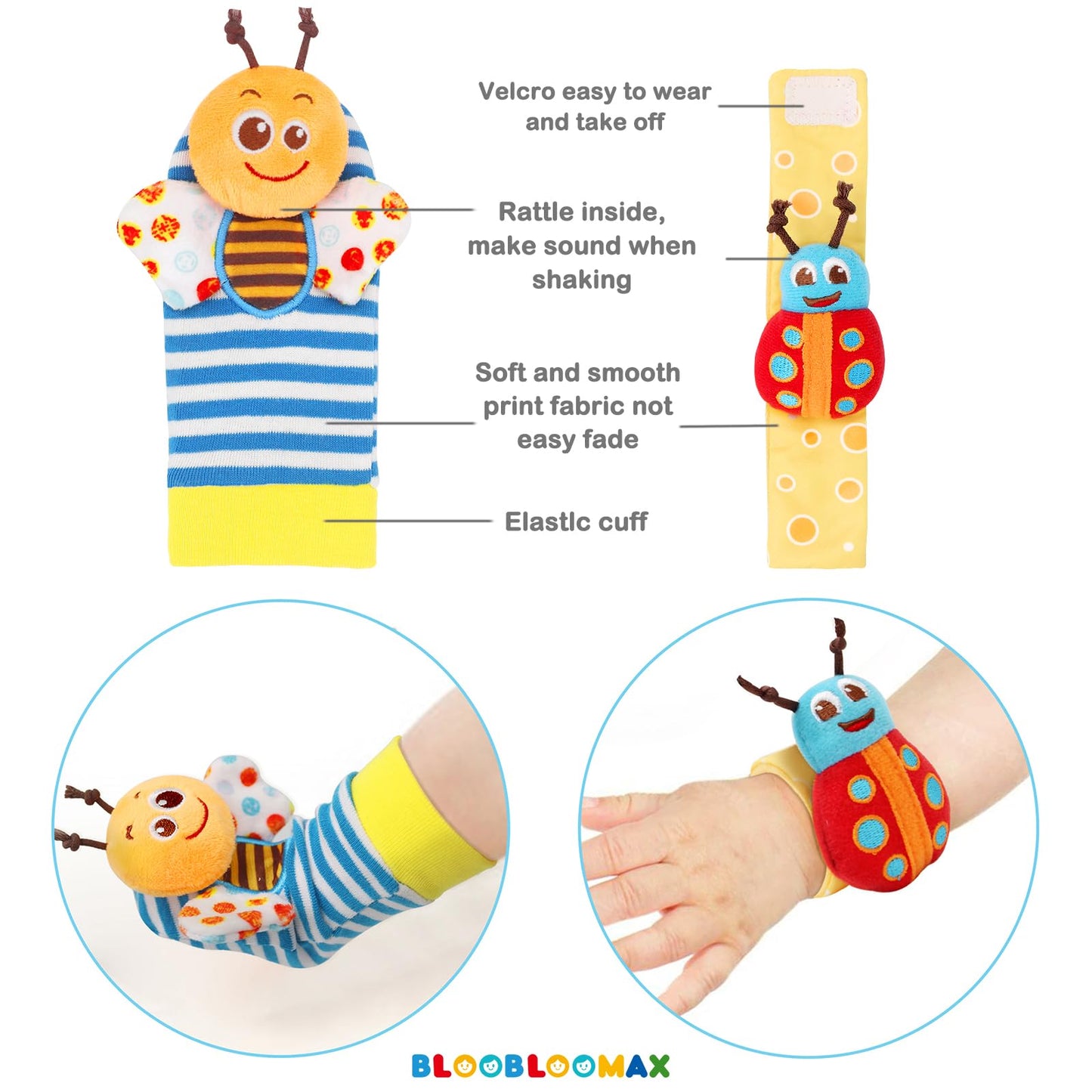 Bloobloomax Wrist Rattle Socks and Foot Finder Set, Infant Girl Boy Toys for Babies 0-36 Months, Newborn Hand & Foot Toys for 0 to 3 Years, Baby Shower Gifts Set Mother's Day Gift