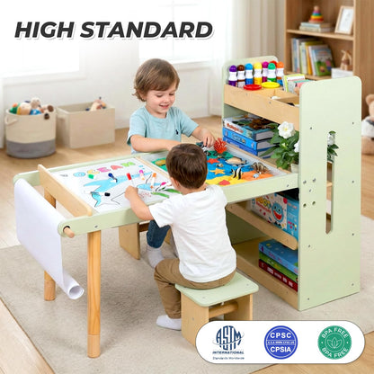 LOL-FUN Kids Sensory Art Table and Chairs Set with Storage Bins & Shelves, Toddlers Activity Table for Ages 3-8 Preschool Sand and Water Play, Drawing Desk with Blackboard Whiteboard