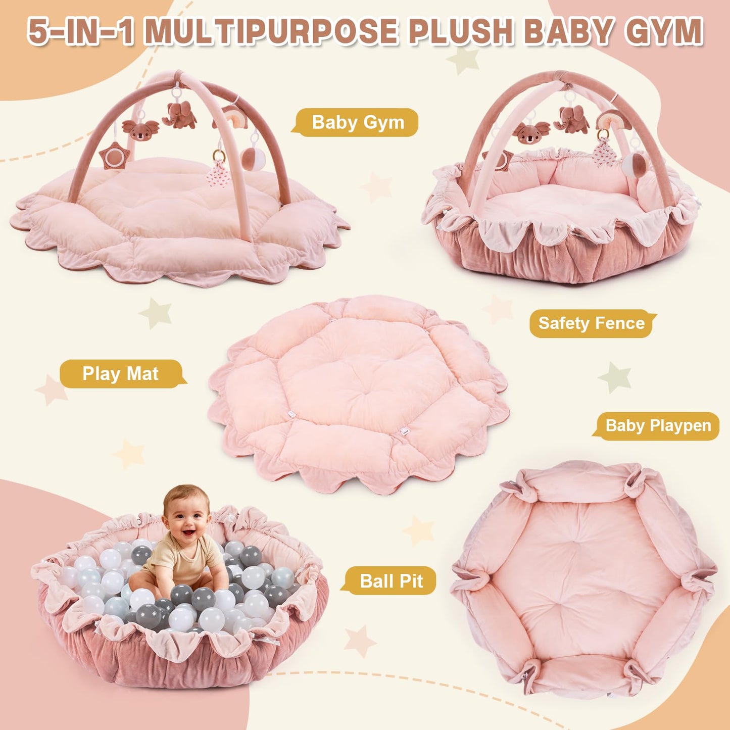 5-in-1 Baby Activity Gym & Play Mat with 6 Hanging Toys, Tummy Time Mat & Cards - Extra Large, Reversible Machine Washable Pad - Gift for Newborns, Infants 0-12 Months, Pink