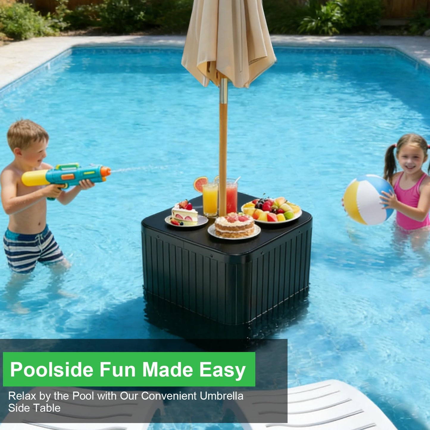 Umbrella Side Table with Hole, Fit Up to 1.5" Poles, Heavy Duty Fillable Base, 132 lbs Capacity, 2 in 1 Outdoor Patio Side Table for Patio Porch Deck Balcony Poolside, Easy Assembly, Modern Style