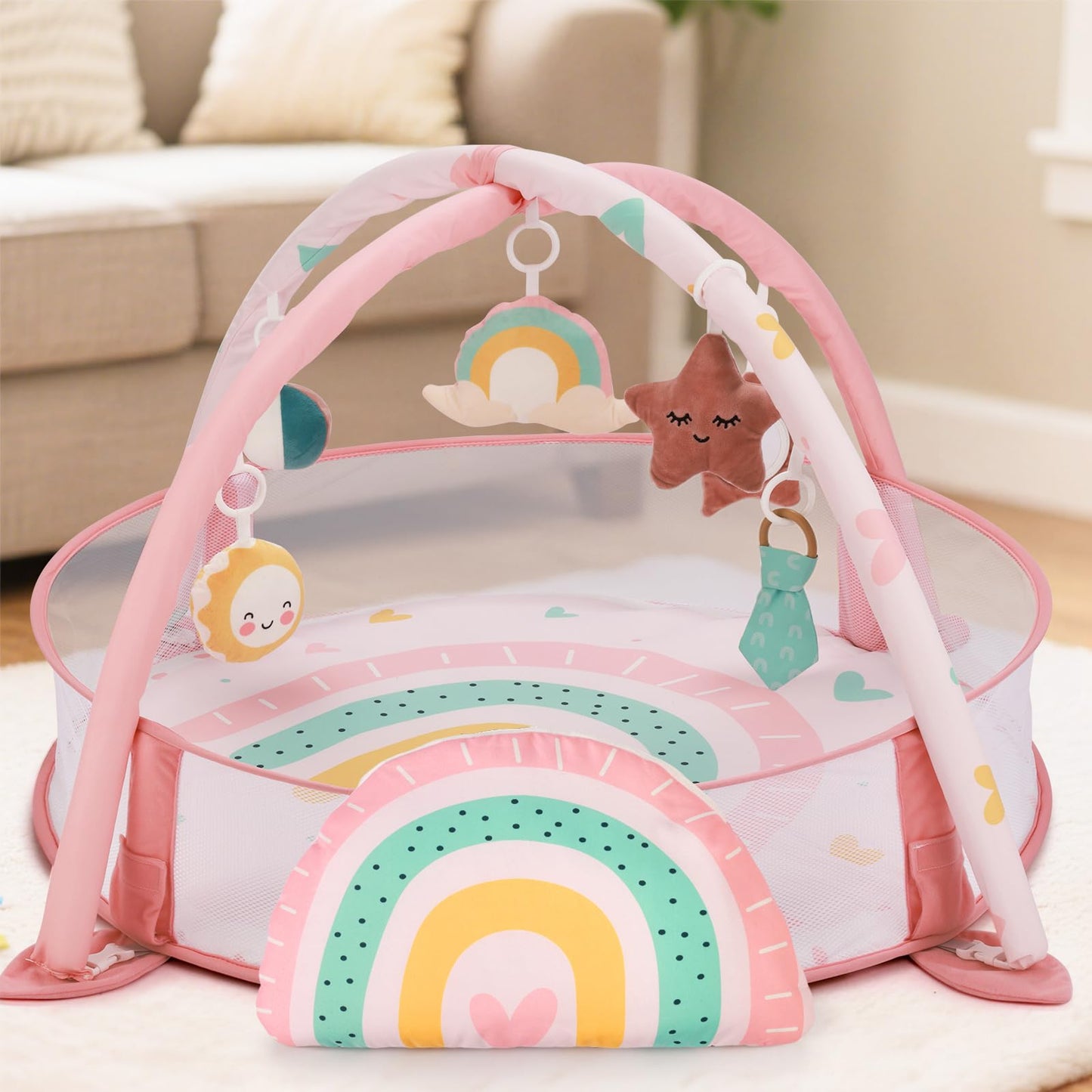 7-in-1 XL Large Baby Play Gym Mat, Tummy Time Mat, Baby Gym & Ball Pit, Baby Activity Mat with Milestone Cards & 6 Detachable Toys for Sensory Motor Skill, Rainbow
