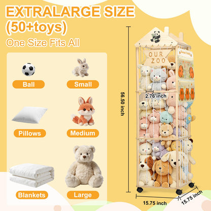 Stuffed Animal Storage, Extra Large Stuffed Animal Organizer with Wheels, Wooden Tall Animal Zoo Display Tower, Plushies Toy Holder with Lights and Pockets for Nursery, Playroom, Bedroom