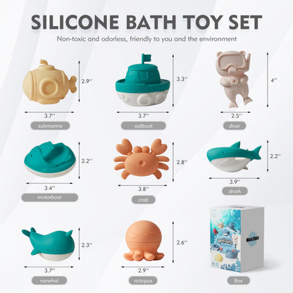 MarcZero Ocean Silicone Bath Toys 8Pcs for Toddlers Kids Babies,Bathtub Water Toys,Soft Squeezable Easy-Grip Pool Toys Set (Green)