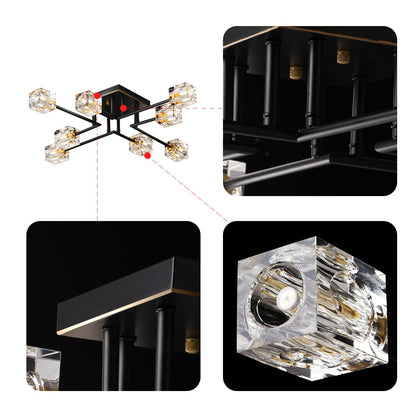 8-Lights Semi Flush Mount Ceiling Light Fixture,Black and Gold Modern Crystal Chandeliers,Farmhouse Lighting Fixtures for Dining Room Living Room Kitchen Bedroom Entryway