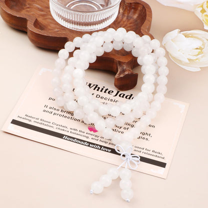 AD Beads 8mm 108 Prayer Mala White Jade Elastic Bracelet - Decision Making - Handmade Yoga Meditation Healing Power Energy Gifts for Unisex Adult.