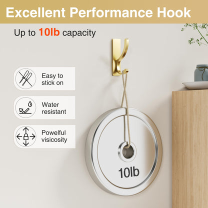 pickpiff Adhesive Wall Hooks for Towels - Sticky Hook Hanging Heavy Duty (13lb), Hanger for Door, Bathroom, Dorm, Closet - for Coats, Purse, Bag, Robe - No Damage to Wall - Gold 4 Pack