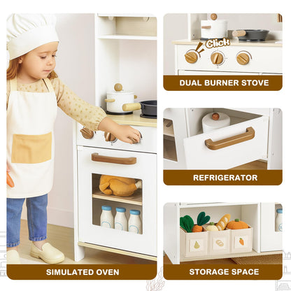 DREAM BUILDING Dual-Sided Play Kitchen for Kids Toddlers, 2-in-1 Grocery Store&Wooden Toy Kitchen Set with Coffee Machine,Pretend Kitchen Play Set with Microwave, Oven, Gift for Boys Girls