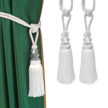 Fenghuangwu Tassel Curtain Tiebacks Handmade Curtain Tie Backs, Elegant Crystal Curtain Holdbacks for Home Office Decor (White, 2P)