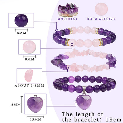Vinswet Healing Crystal Beaded Bracelets for Women,Natural Amethyst Rose Quartz Gemstones Bracelet,Anxiety Stress Relief Heart Charm Bracelet Handmade purple Jewelry Gifts for Women (3pcs)