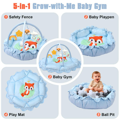 5-in-1 Baby Gym Play Mat with Cartoon Pattern, Extra Thick Plush Tummy Time Activity Gym with Hanging Toys, Sensory Development & Motor Skills Training Floor Mat, Fox