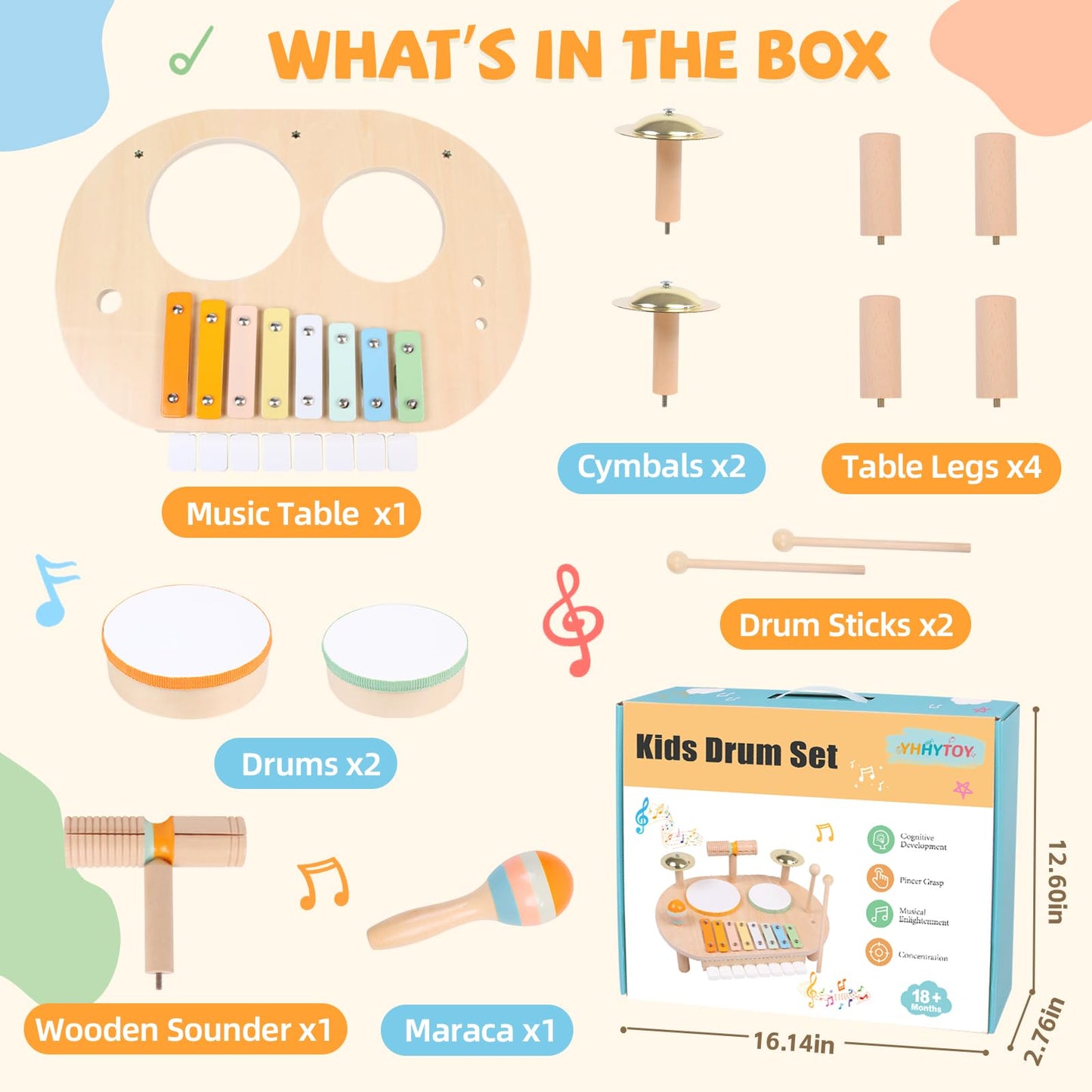 YHHYTOY Toddler Drum Set for Kids, Wooden Montessori Toys for 2 Year Old, Baby Musical Instruments Percussion Set with Xylophone, Toddler Gifts for 2 3 4 Year Old Girls Boys Kids