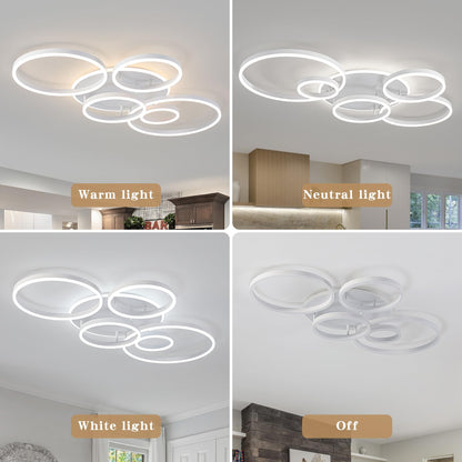 O'NEELDY Modern LED Ceiling Light White Flush Mount Ceiling Lights Fixtures Dimmable 47" Dining Room Light Fixture with Remote 6 Rings Kitchen Lighting Fixtures Ceiling Lamp for Bedroom,Living Room
