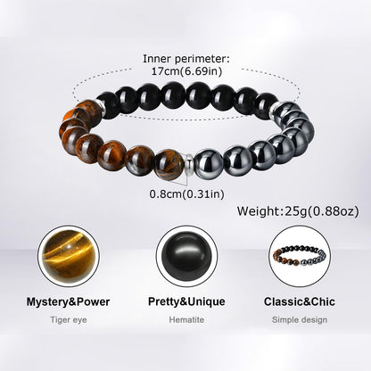 FUTPLOR Triple Protection Bracelet (Tiger Eye Stone,Black Tourmaline,Hematite), 8mm Beaded Bracelets for Men Women, Elastic Bracelets 17cm/ 6.69in