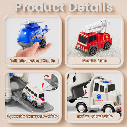 JUKUDAHU 5-in 1 Play Ambulance Toy Vehicle Toddler Truck Toys for 3 4 5 6 7 Year Old Boys - Friction Powered Cars with Light and Sound, Police Car, Fire Truck, Ambulance Car, Birthday Gifts for Kids