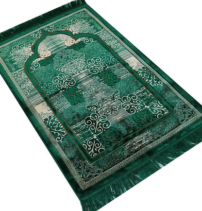 Modefa Prayer Mat | Turkish Velvet Muslim Prayer Rug Muslim Prayer Mat Islam | Soft Beautiful Prayer Rug Janamaz Sajjadah with Car Hanger | Classic Elegant Swirl (Green)