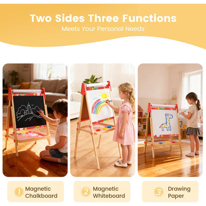 DUMOS Kids Easel Set with Paper Roll, Adjustable Height Double-Sided Magnetic Chalkboard & Whiteboard Art Station for Ages 3+, Dry Erase Board, Gift for Girls and Boys, Red