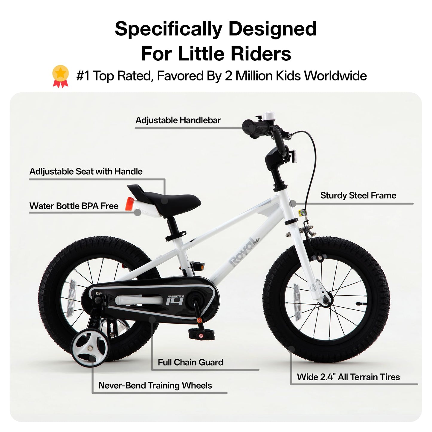 RoyalBaby Freestyle Kids Bike 14 Inch Childrens Bicycle with Training Wheels Toddlers Boys Girls Beginners Ages 3-5 Years, White