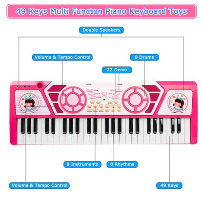 Love&Mini Kids Piano Keyboard - 49-Key Baby Piano with Earphones & Microphone, Educational Music Toy with Dual Speakers for Quiet Practice & Singing, Birthday Xmas Gift for 3-9 Year Old Girls