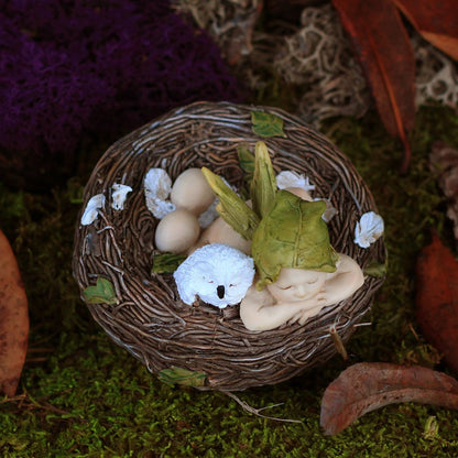 Top Collection 4202 Sleeping Fairy Baby with Owl in Nest Figurines, White, Brown, Cream, Green