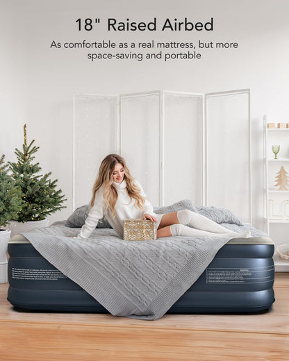 iDOO Queen Air Mattress with Built in Pump, 18 Raised Comfort Inflatable Blow up Mattress, Upgraded Support Structure Portable Air Bed for Camping, Guests and Home, Colchon Inflable, Gift for Mom