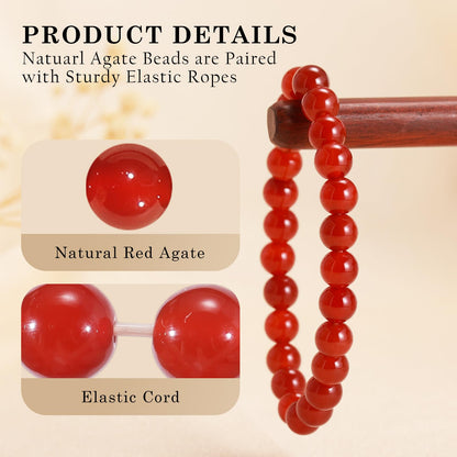 Aluckiss 8mm Red Agate Bracelets for Women Men Natural Agates Round Beaded Stone Healing Bracelet Stretch Elastic Handmade Polished Gemstone Beads Bracelet