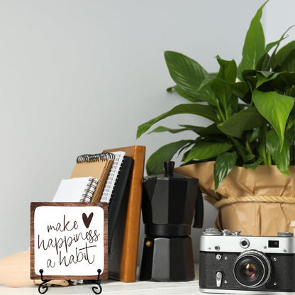 6" Inspirational Wood Decor Make Happiness A Habit Wooden Plaque Signs With 1 Metal Support Rustic Motivational Desk Décor For Home Office Bedroom Table Décor And Accessories - B02