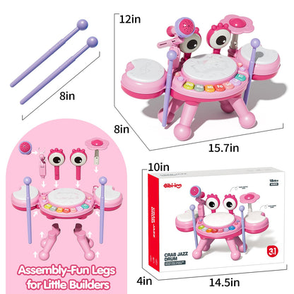 Toddler Drum Set for Kids 1-3, Baby Drum Set 1 Year Old with Light-Up Microphone, Musical Instruments Montessori Learning Toys for 6 9 12 18 Months, Birthday Gift for Boys Girls（Pink）