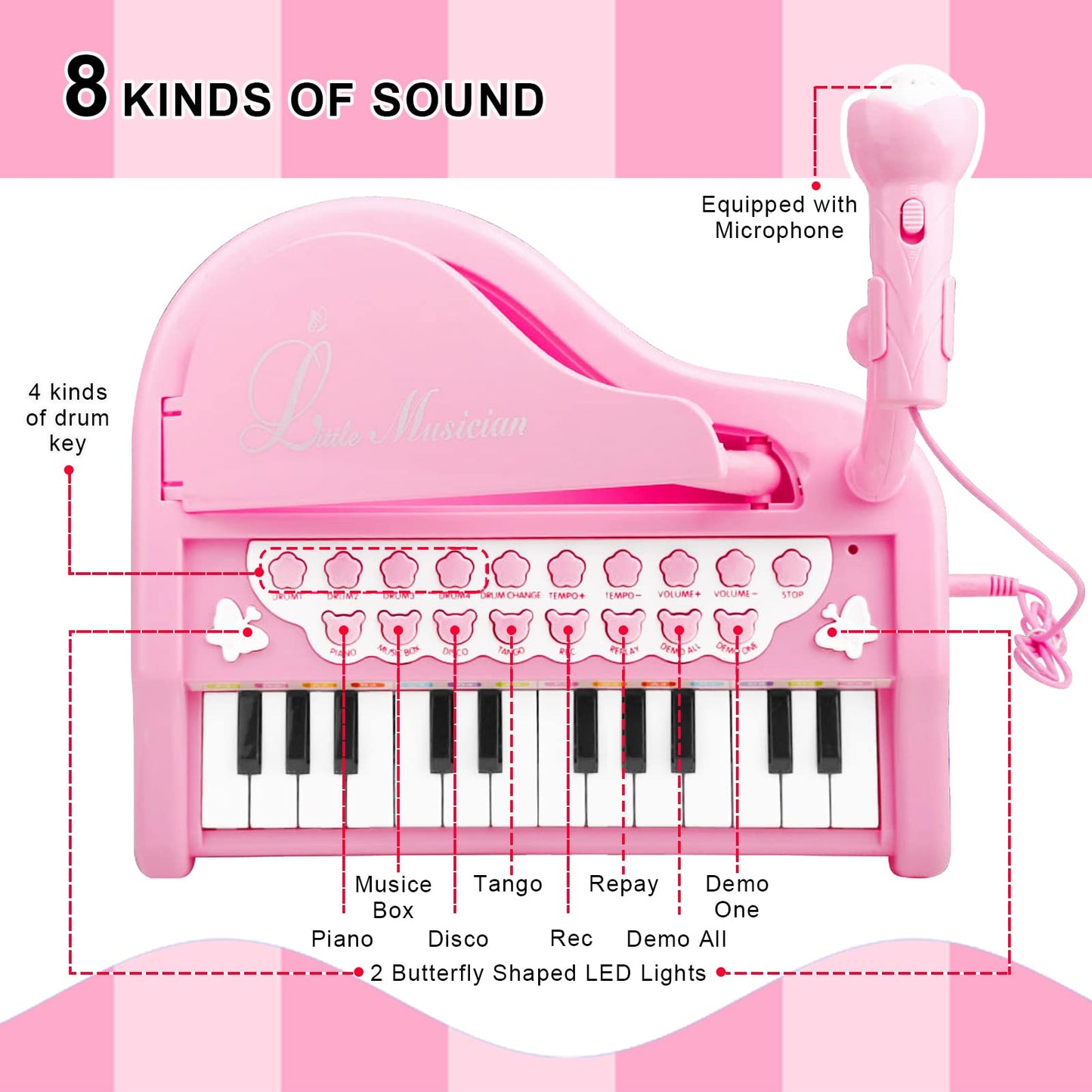 24 Keys Pink Piano Toy with Microphone and 49 Keys Keyboard Toy Piano for 2 Years Old Girls Gift