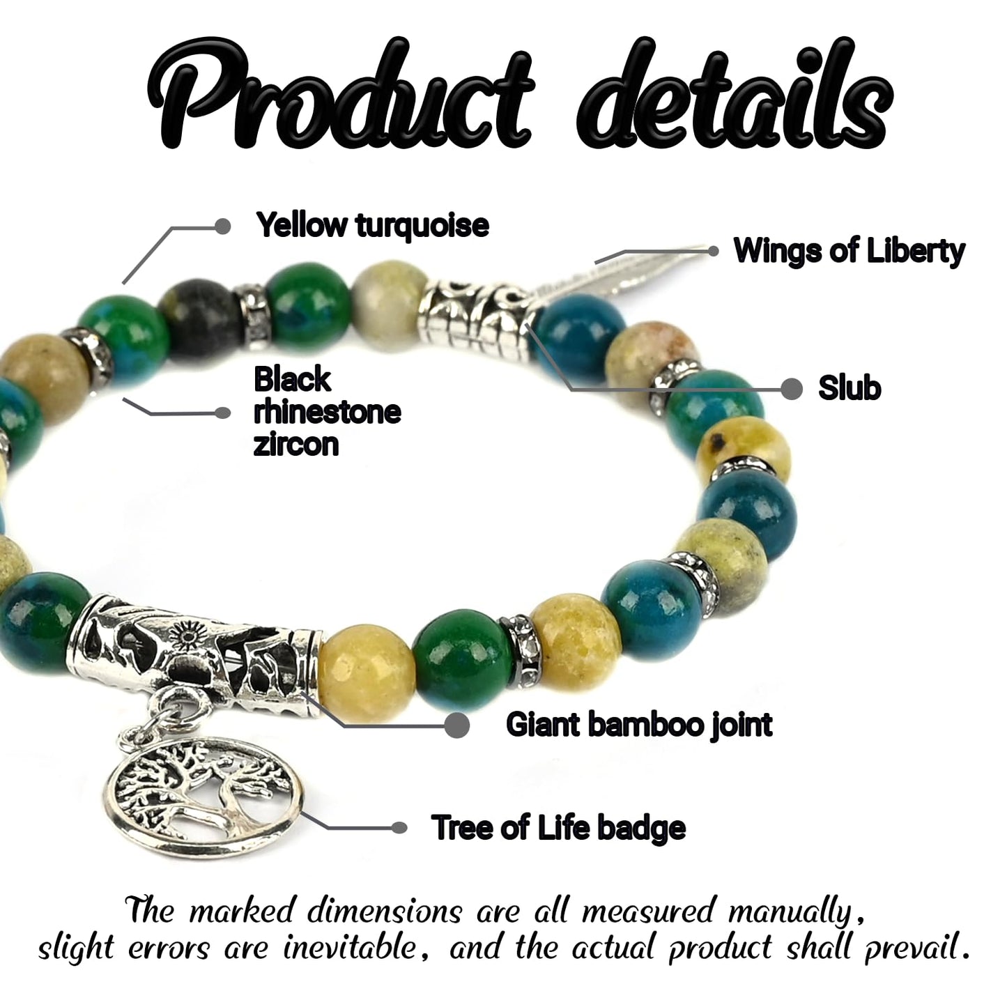 PZTIIY Handmade Tree of Life and Wings of Liberty Turquoise Jasper & Tibetan Agate Gemstone Chakra Beaded Bracelet | Boho Style Charm Bracelet Set (ZLY-Turopise)