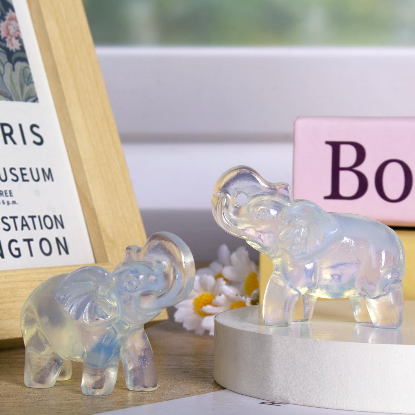 Hguxmcu 2 Inch White Opalite Crystal Elephant Sculpture Handcrafted Healing Stone Animal Figurine Spiritual Home Decor Lucky Charm Gift for Wealth Success Positive Energy and Meditation Lovers