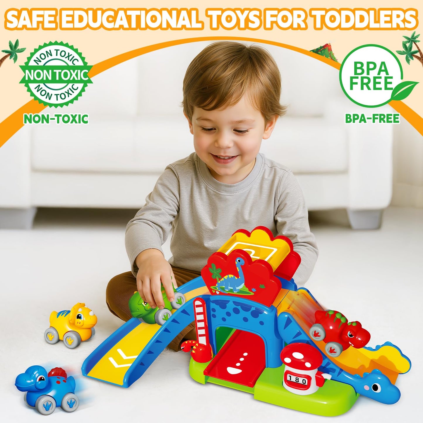 Toddler Toys Gifts for 1 2 Year Old Kids, Educational Dinosaur Slide Toy with 4 Cars for 12-18 Months Baby, First Birthday Chirstmas Gifts for Aged 1-3 Year Old, Push Car Track Toy for Boys Girls