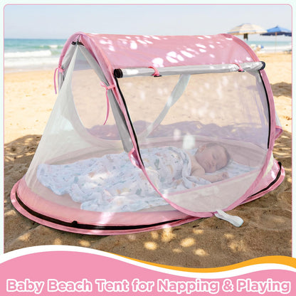 Baby Beach Tent, Pop Up Beach Tent Sun Shade for Beach, UPF 50+ UV Protection Sun Shelters for Infants with Carry Bag for Outdoor Travel, Camping(Pink)