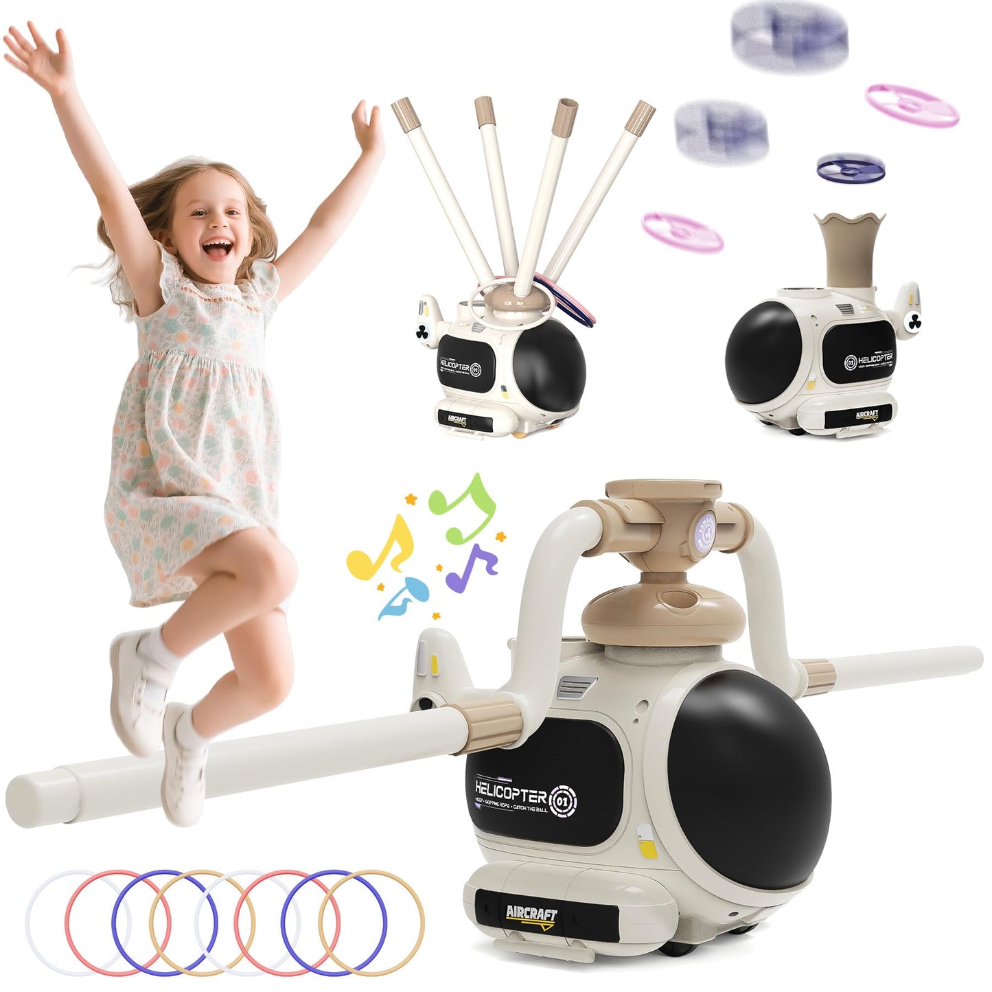 WhimsQuest Missfly 4-in-1 Kids Outdoor Game Toy, Auto Disc Launcher, Jump Dodge & Ring Toss, Interactive Sports Play for Boys & Girls (White)