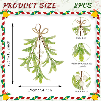 2 Pcs Frosted Mistletoe Hanging Decorations, 10.6'' Artificial Mistletoe Ornament Hanging Kissing Ball with Berry for Christmas Winter Holiday Decor (2, White)