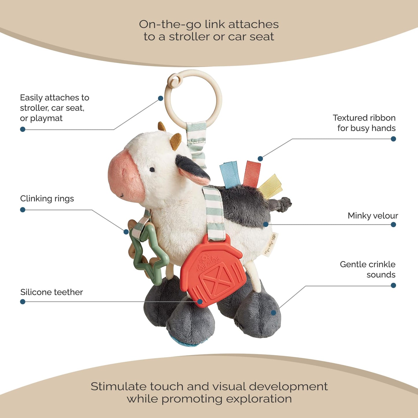 Itzy Ritzy Link & Love Toy for Stroller or Car Seat – Features Textured Ribbons, Crinkle Sounds, Clinking Rings & Silicone Teether – Designed for Ages 0 Months and Up (Cow)