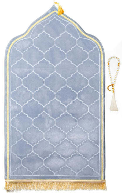 YAZEIN Muslim Prayer Rug with Tasbih Prayer Beads, Soft Memory Foam Prayer Matt Islam, Padded Islamic Prayer Mat Thick for Men and Women, Janamaz, Sajadah (25.6" x 43.3", Grey)