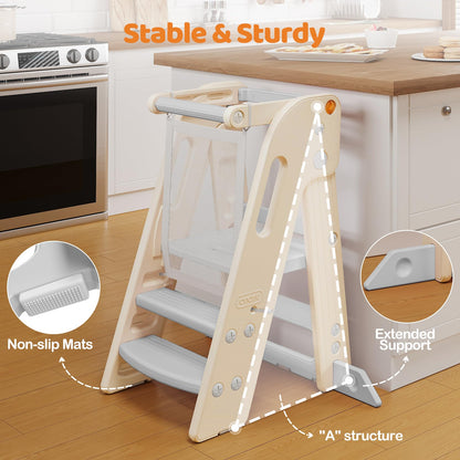 Onasti Foldable Toddler Tower Kitchen Stool Helper, Adjustable Height Learning Standing Tower with Safety Rail, Anti-Slip Steps, Kids Step Stool for Kitchen Counter and Bathroom Sink-Grey