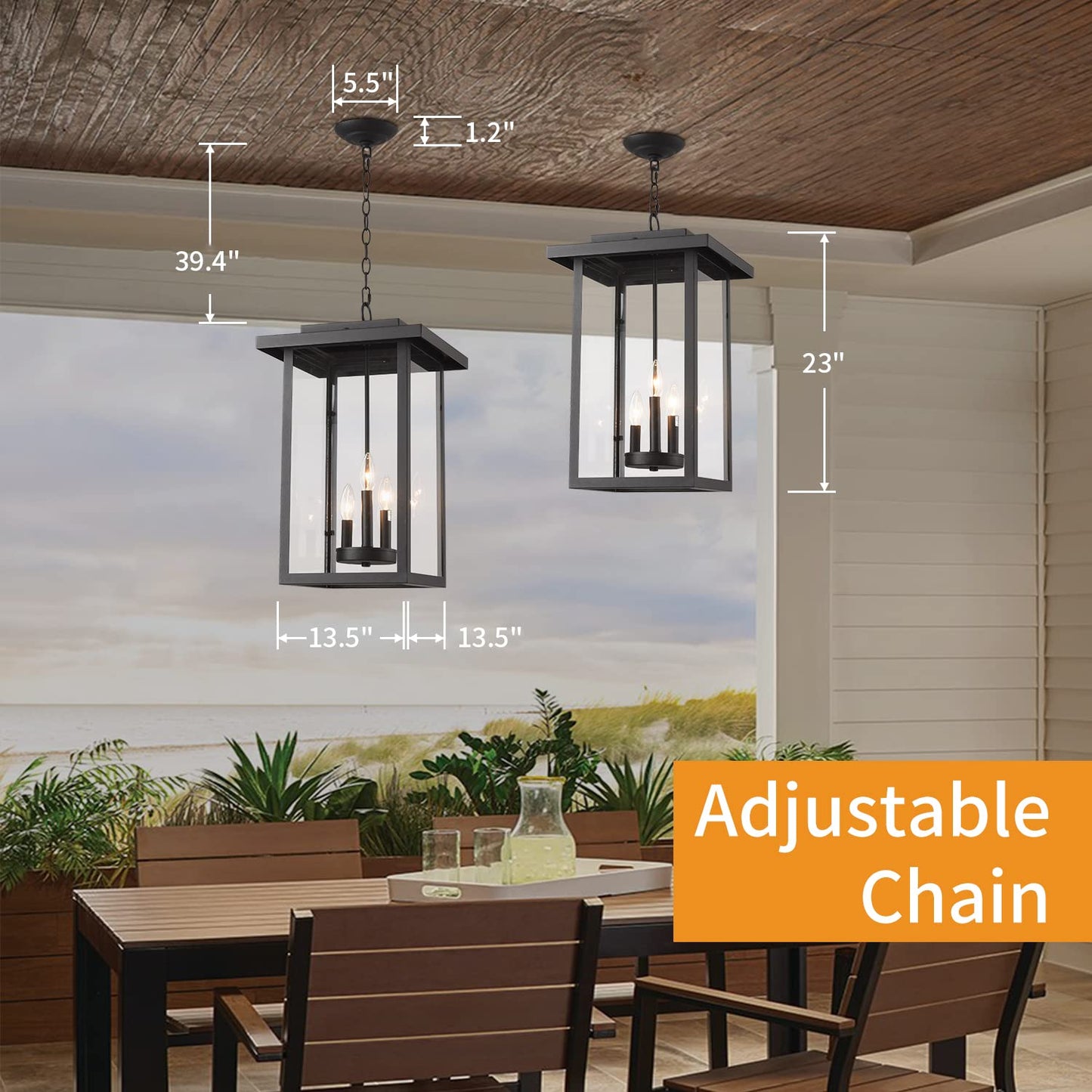 Smeike Outdoor Pendant Light Exterior Hanging Lantern, Large Outdoor Hanging Porch Light, Matte Black Finish with Clear Glass, 3 Light Outdoor Chandelier