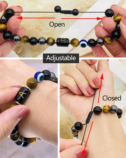 Dayka Initial Triple Protection Bracelet for Men,Black Evil Eye Tiger Eye Hematite Obsidian Good Luck Healing Crystal Stones Mens Bead Bracelet Jewelry Gift (F initial bracelet, Triple Protection)
