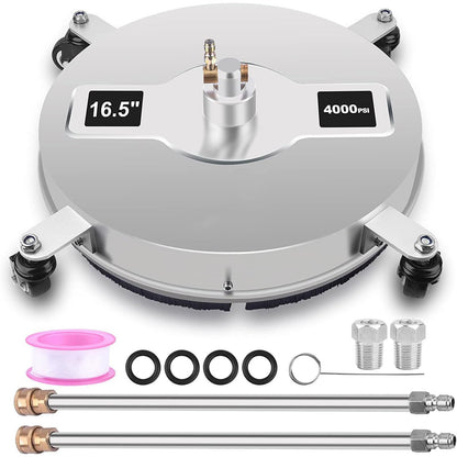 16.5''Pressure Washer Surface Cleaner, 4000 PSI Power Washer Surface Cleaner with 4 Wheels, Stainless Steel Housing Power Washer Accessories with 2 Replacement Nozzles for Concrete Driveway Cleaner