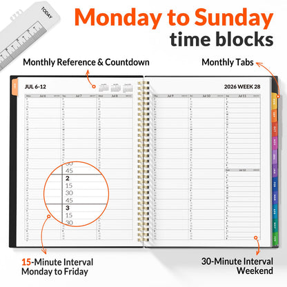 SUNEE 2026-2027 Appointment Book, Quarter-Hourly, Weekly & Monthly - from July 2026 to June 2027, 8.5"x11" Academic Planner, Flexible Cover, Note Pages, Bookmark, Spiral Binding, Black
