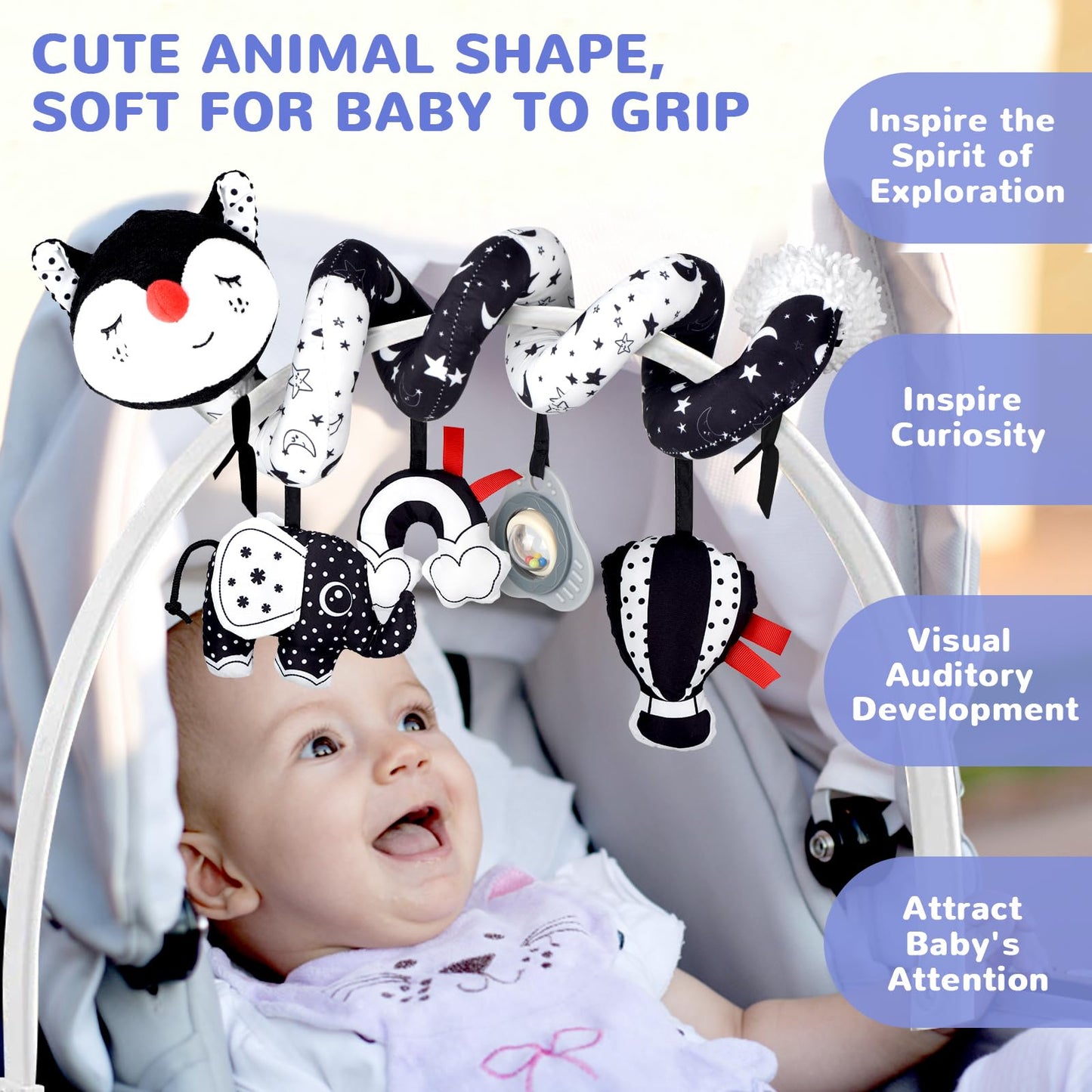 XIXILAND Musical Car Seat Toy Black and White Baby Toys, Infant Toys 0-6 Months Stroller Toy, High Contrast Newborn Developmental Gift for 0 3 6 9 12 Months Girls Boys Babies