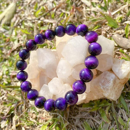 10mm Purple Tigers Eye Bracelet for Women Men | Natural Handmade Protection Amethyst Color Throat Chakra Gemstone Crystal Jewelry | Beading Tool Kit - Fits for 7-8" Large Wrist | Boost Motivation