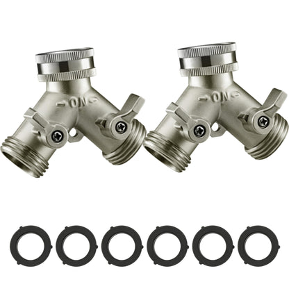 Solifo Nickel Plated Solid Brass Garden Hose Splitter, Heavy Duty 2 Way Y Faucet Adapter with Dual Shut Off Valves, Leak Proof 3/4 Inch Hose Bib Spigot for Outdoor, Includes 6 Extra Washers-2 Pack