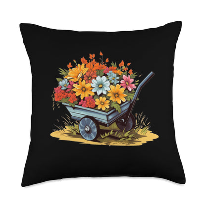 Funny Wheelbarrow Flowers Garden Cart with Flowers for Spring Season and Wheelbarrow Throw Pillow, 18x18, Multicolor